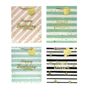 Saco de papel personalizado com estrelas às riscas e pontos para aniversário