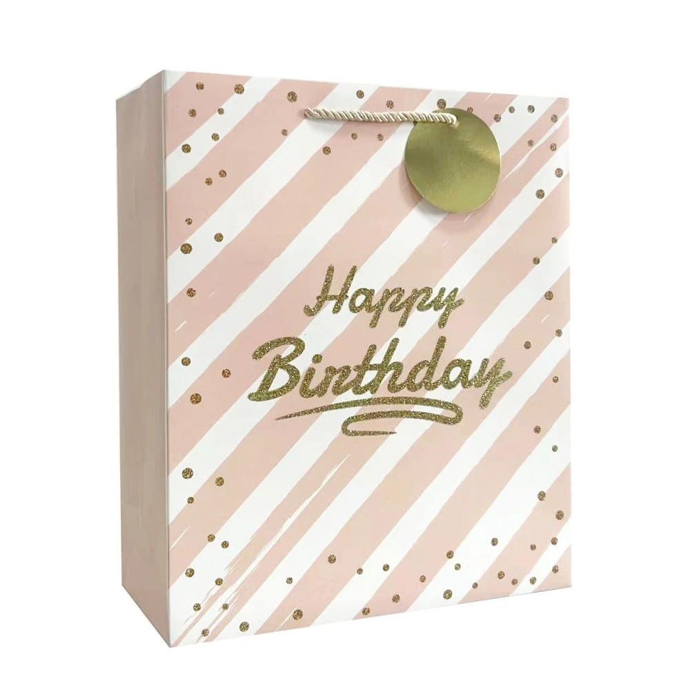 FH-23001-L New In-Stock Striped Pink Warm-Themed Gift Handbags with Golden Glitter for Birthdays - Packaging Bags, Paper Bags, Wholesale (7)