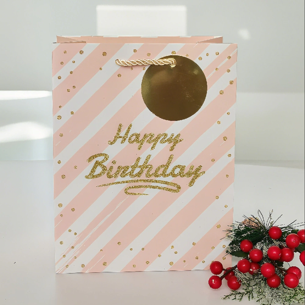 FH-23001-M New In-Stock Striped Pink Warm-Themed Gift Handbags with Golden Glitter for Birthdays - Packaging Bags, Paper Bags, Wholesale (8)