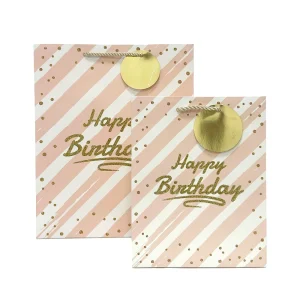 FH-23001 Novo em stock Sacos de oferta às riscas cor-de-rosa com purpurinas douradas para aniversários - Sacos de embalagem, Sacos de papel, grossista(1)